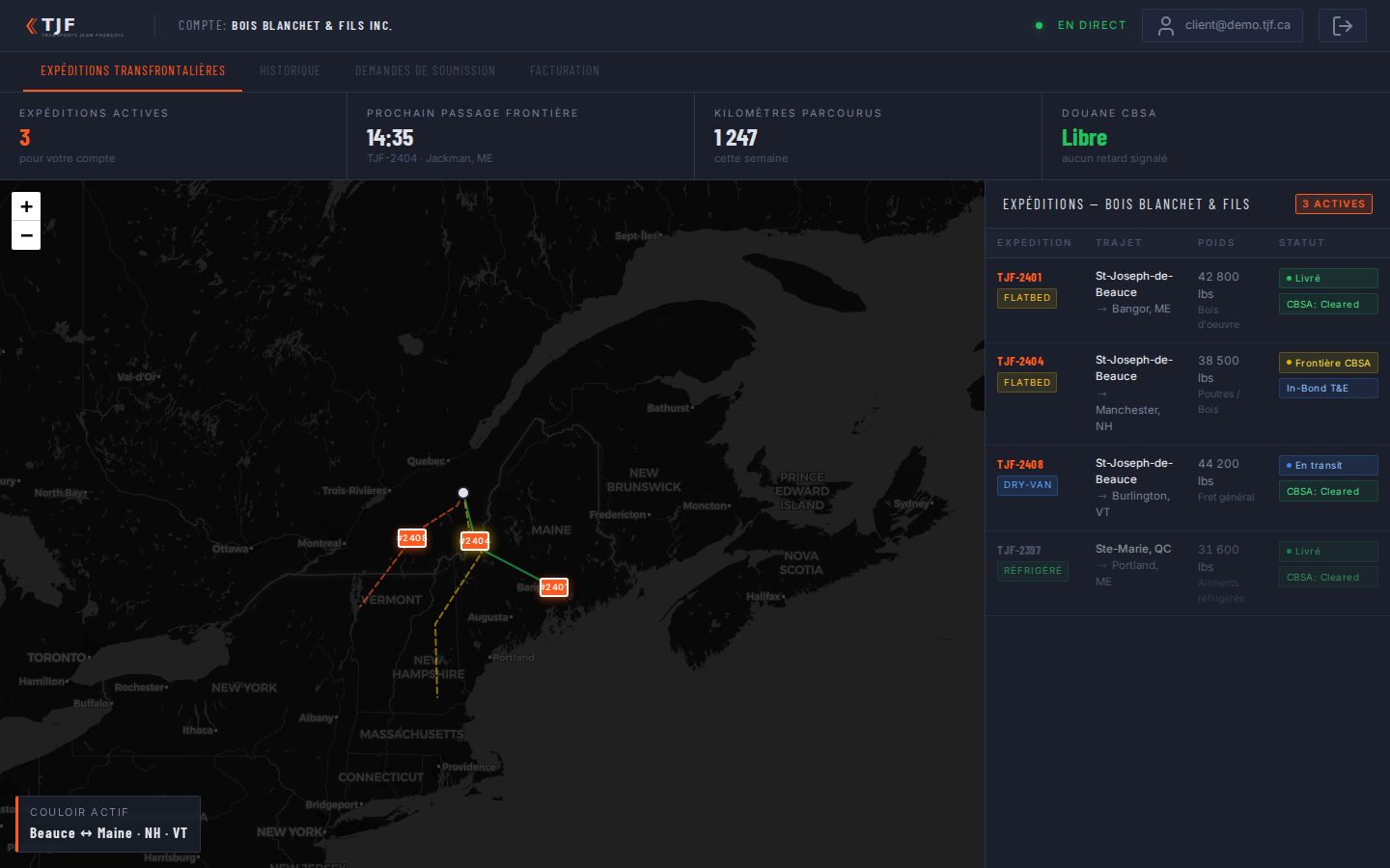 Aperçu de la plateforme client TJF — tableau de bord suivi transfrontalier